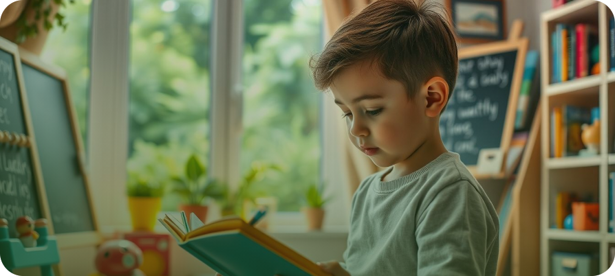 Young boy reading in a classroom