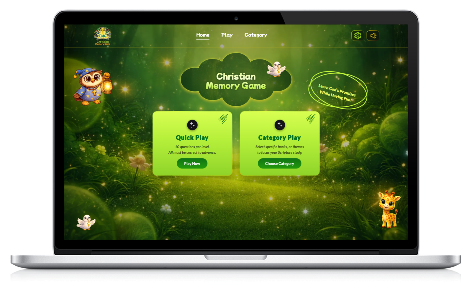 Christian Memory Game home screen with Quick Play and Category Play