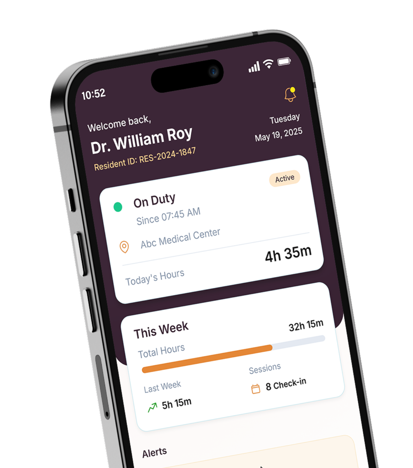 Duty Hour home screen showing on-duty status and weekly hours